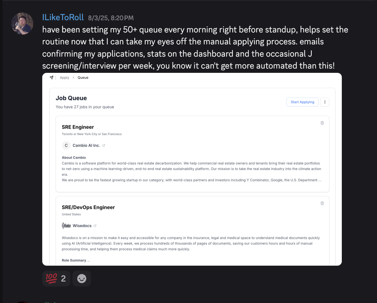 Discord community member sharing EasyApply success